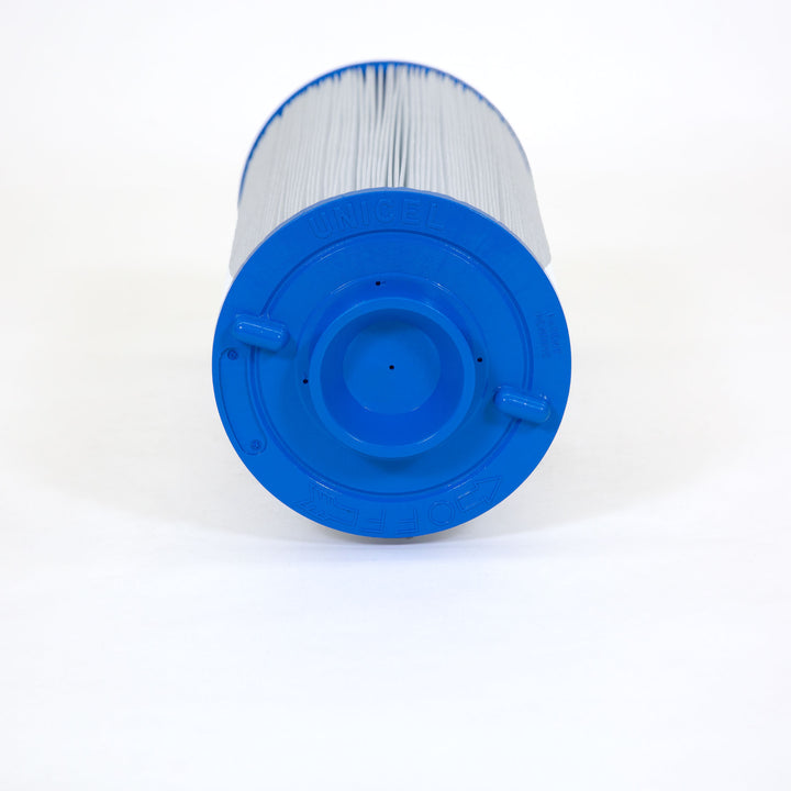 Cylindrical pool filter cartridge with blue plastic end caps and gray pleated filter material on white background