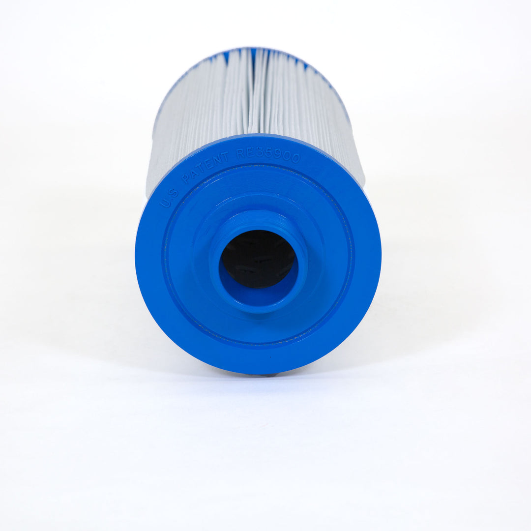 cylindrical pool filter cartridge with pleated white material and blue plastic bottom with central threaded hole and embossed text