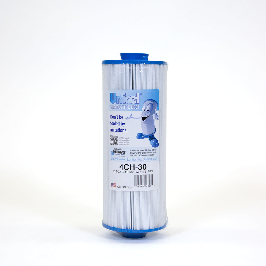 Tall cylindrical pool filter cartridge with blue caps on top and bottom and a detailed label with text and graphics wrapped around the center