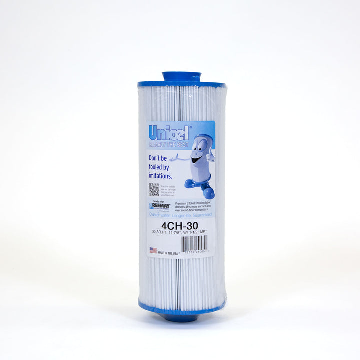 Tall cylindrical pool filter cartridge with blue caps on top and bottom and a detailed label with text and graphics wrapped around the center