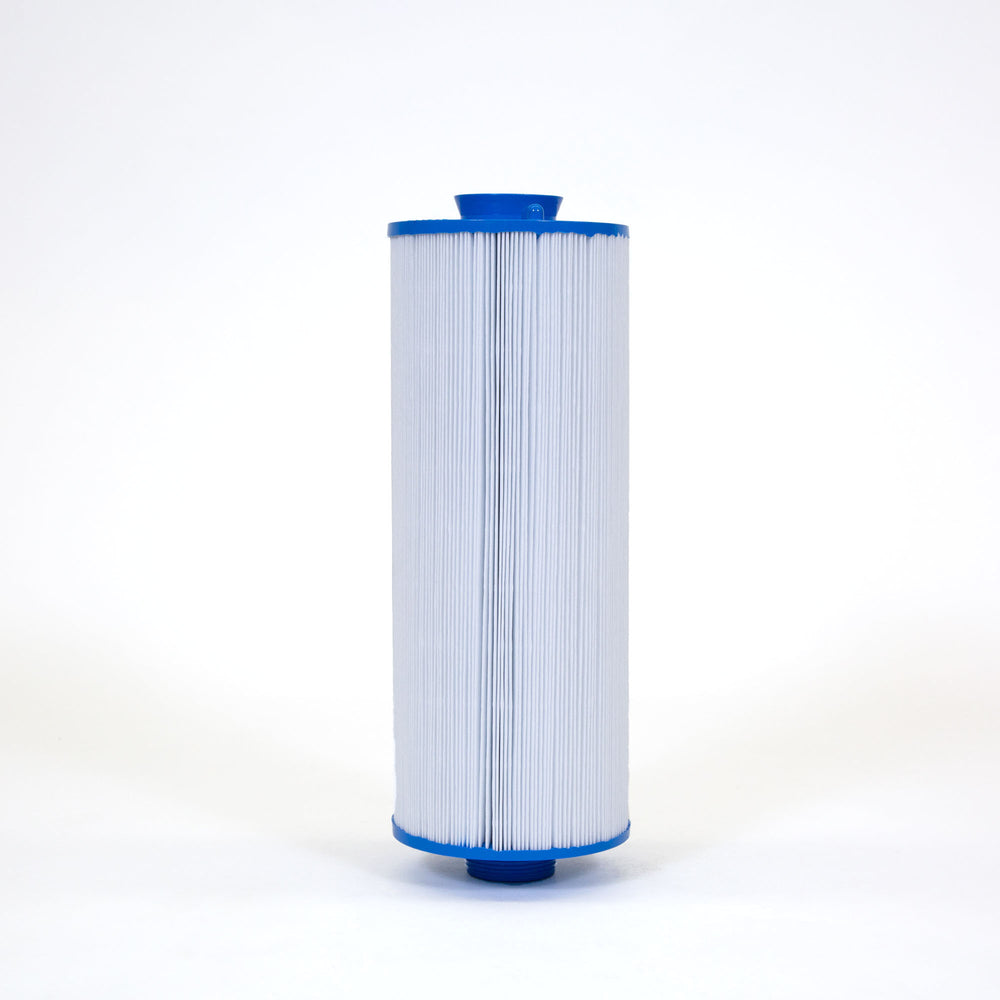Tall cylindrical pleated white filter cartridge with blue plastic caps on top and bottom on a clean white background