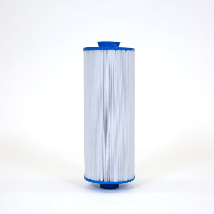 Tall cylindrical pleated white filter cartridge with blue plastic caps on top and bottom on a clean white background
