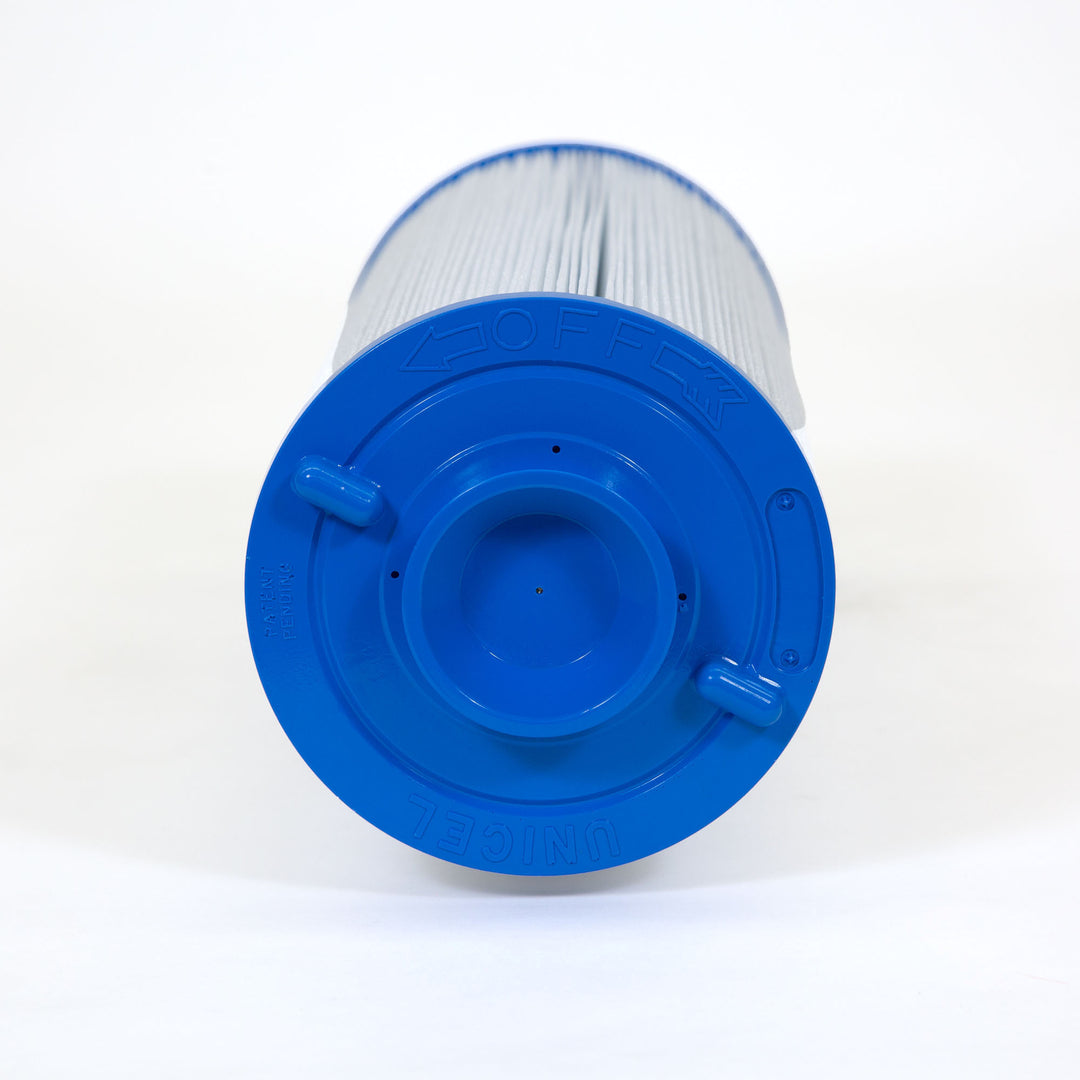 Cylindrical pool filter cartridge with white pleated fabric and blue plastic end cap labeled Unicel and Off showing locking tabs