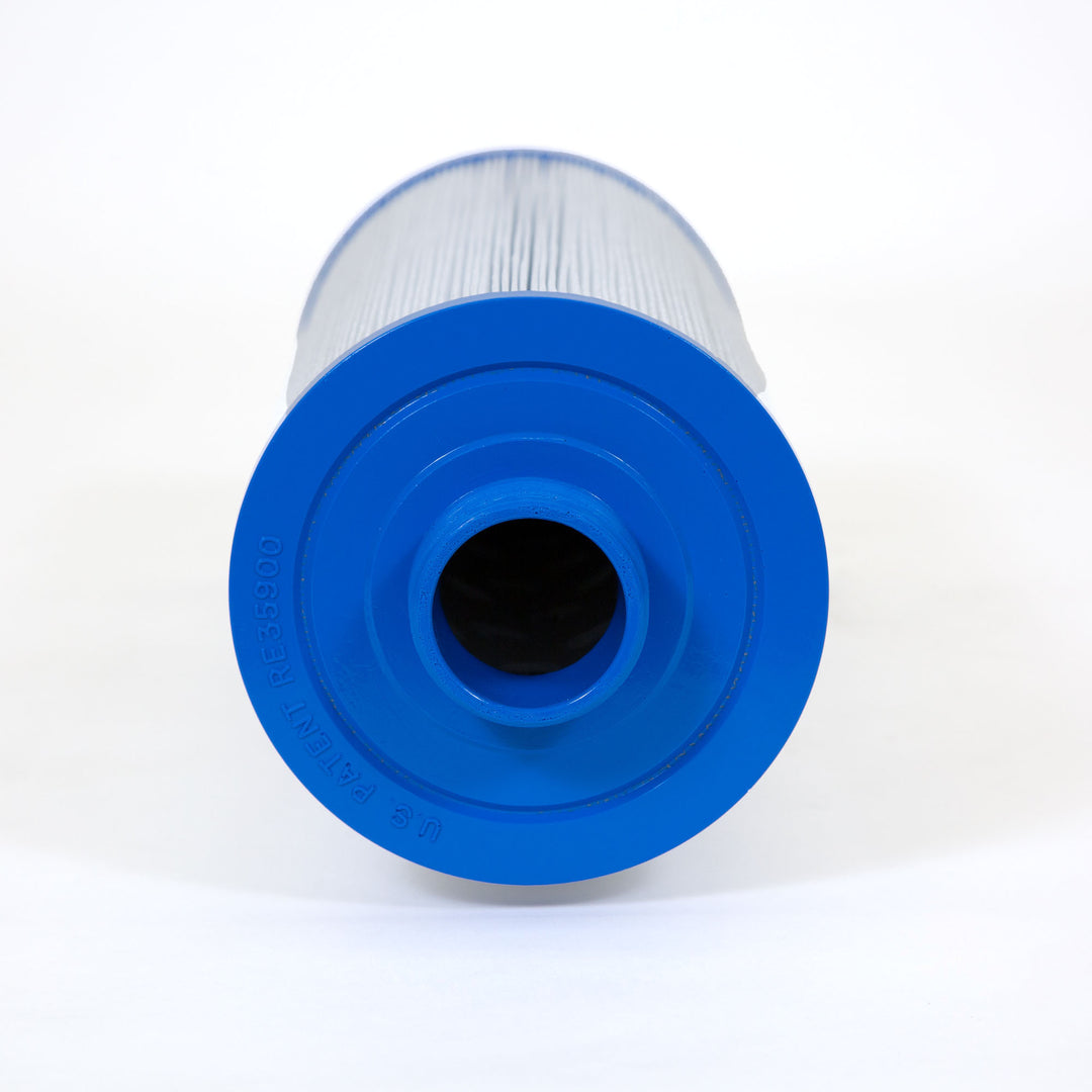 cylindrical pool filter cartridge with a blue plastic top and pleated white filter material visible along the side