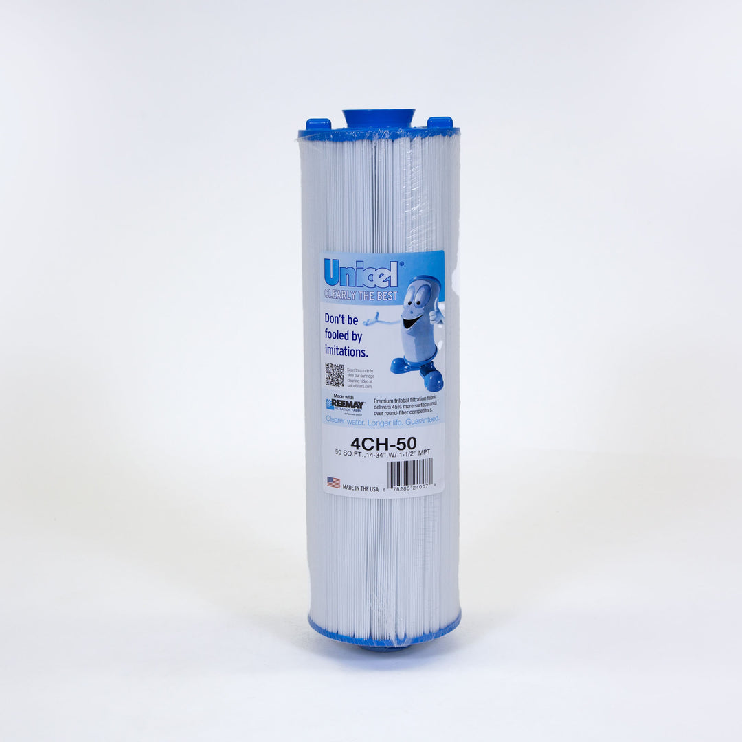 white cylindrical pool filter cartridge with blue plastic ends and a label showing brand Unicel and product code 4CH-50