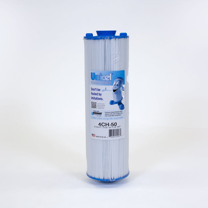 white cylindrical pool filter cartridge with blue plastic ends and a label showing brand Unicel and product code 4CH-50