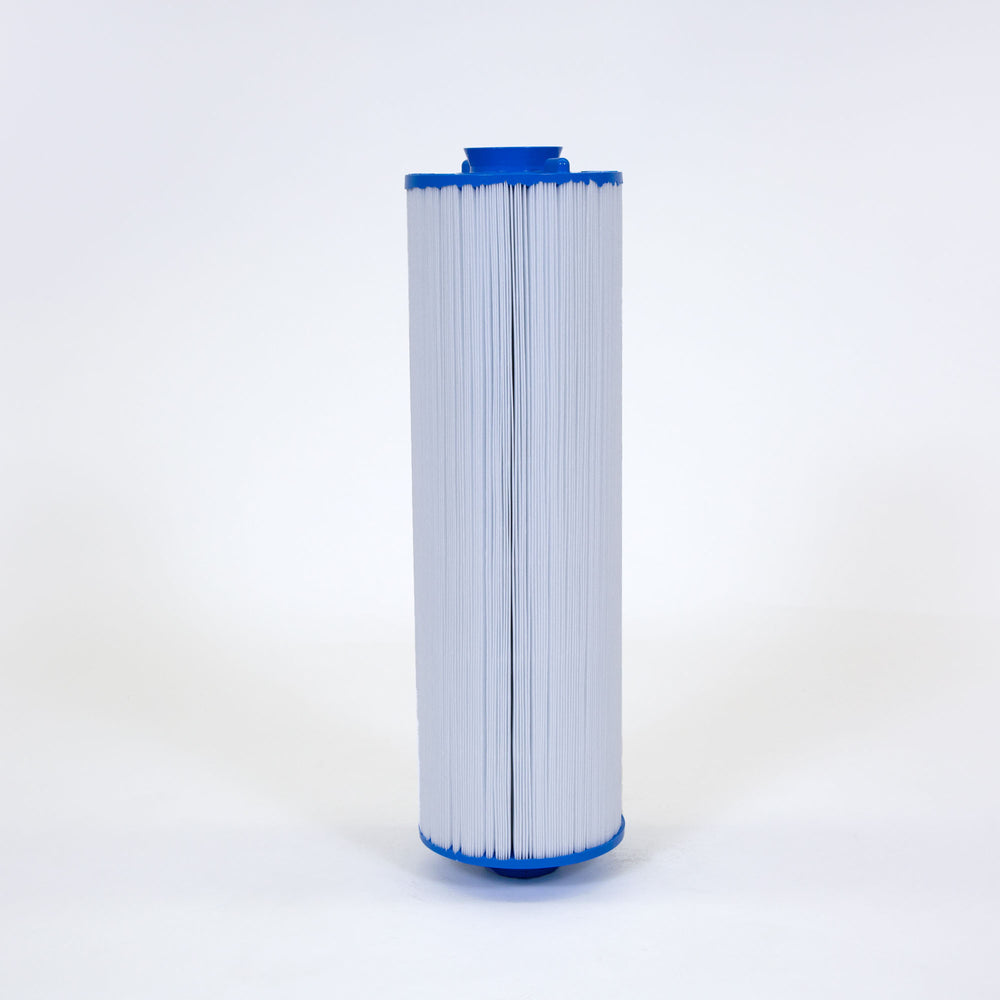 cylindrical pool filter cartridge with white pleated surface and blue plastic ends standing upright on a white background