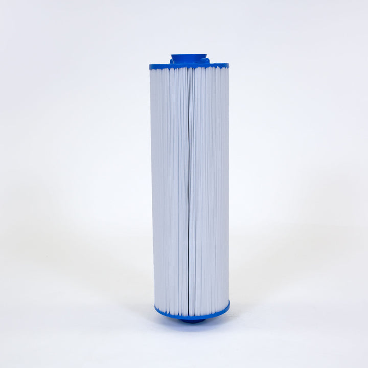 cylindrical pool filter cartridge with white pleated surface and blue plastic ends standing upright on a white background