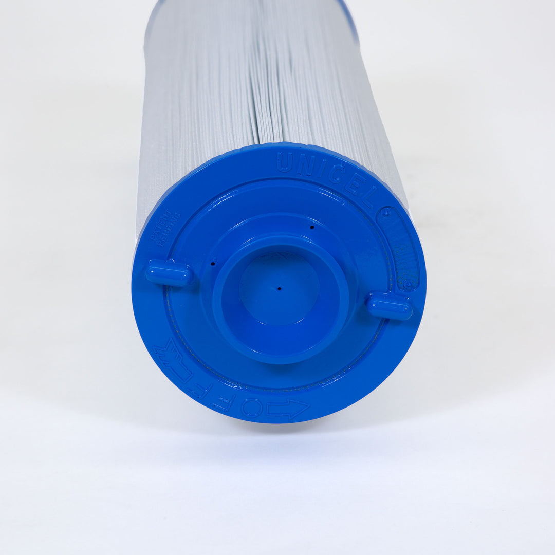 cylindrical white pool filter cartridge with pleated material and a blue plastic cone handle at one end