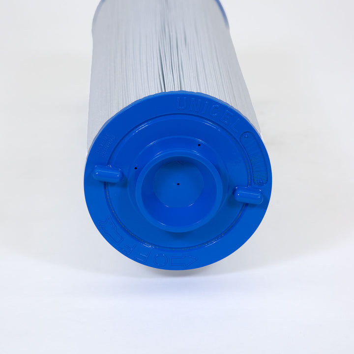 cylindrical white pool filter cartridge with pleated material and a blue plastic cone handle at one end