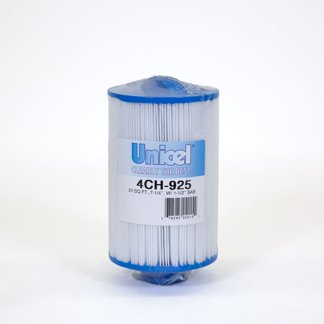 cylindrical white and blue replacement filter cartridge with pleated sides and product label on front
