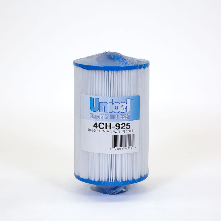 cylindrical white and blue replacement filter cartridge with pleated sides and product label on front