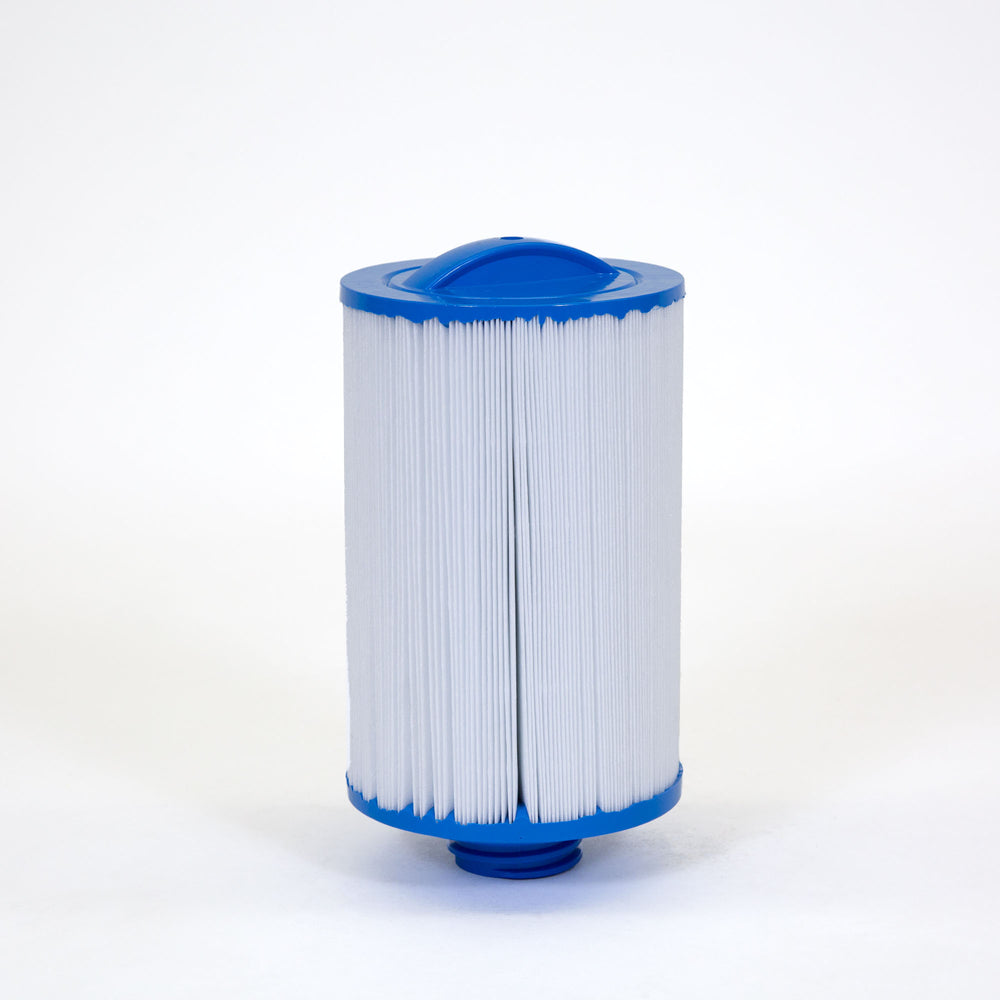 cylindrical white pool filter cartridge with blue plastic top and bottom on white background