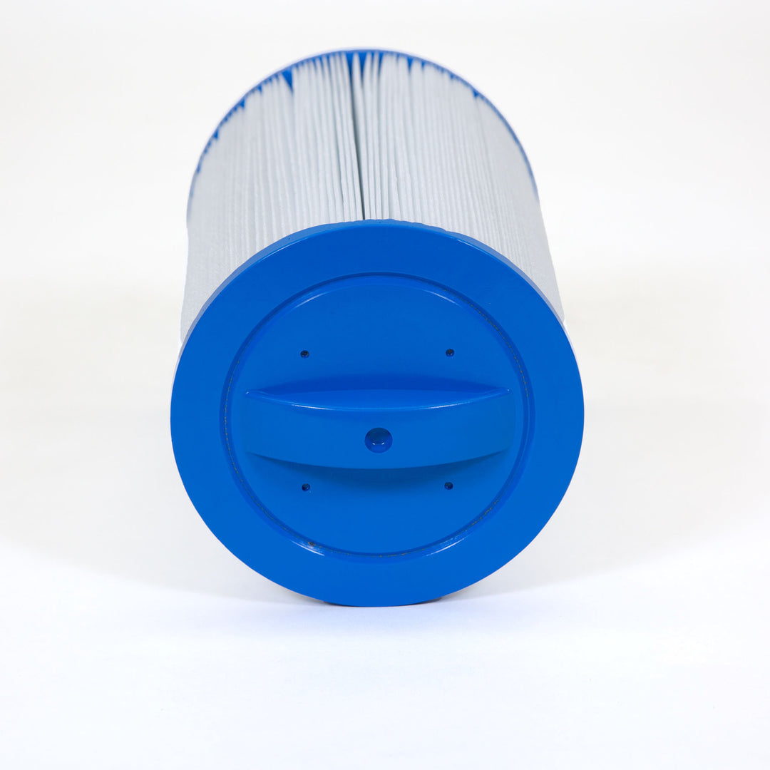 White pleated cylindrical filter cartridge with a blue plastic end cap featuring a handle and central hole