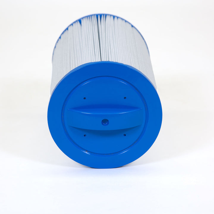 White pleated cylindrical filter cartridge with a blue plastic end cap featuring a handle and central hole
