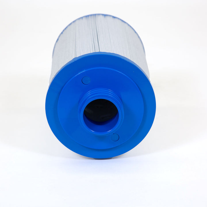 cylindrical white and blue replacement filter cartridge with a threaded blue end against a white background