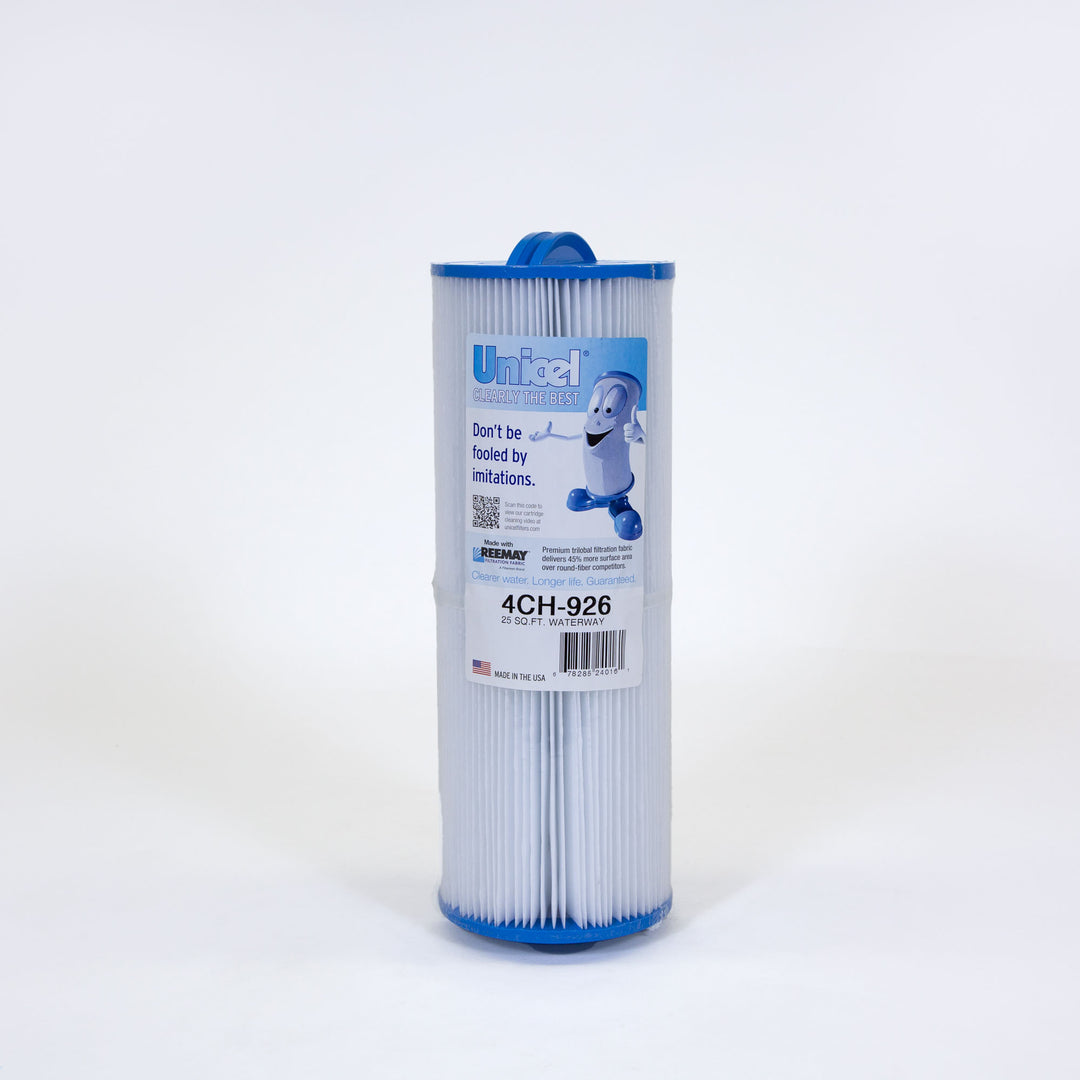 White pleated pool filter cartridge with blue plastic end caps and a label showing Unicel branding and product details