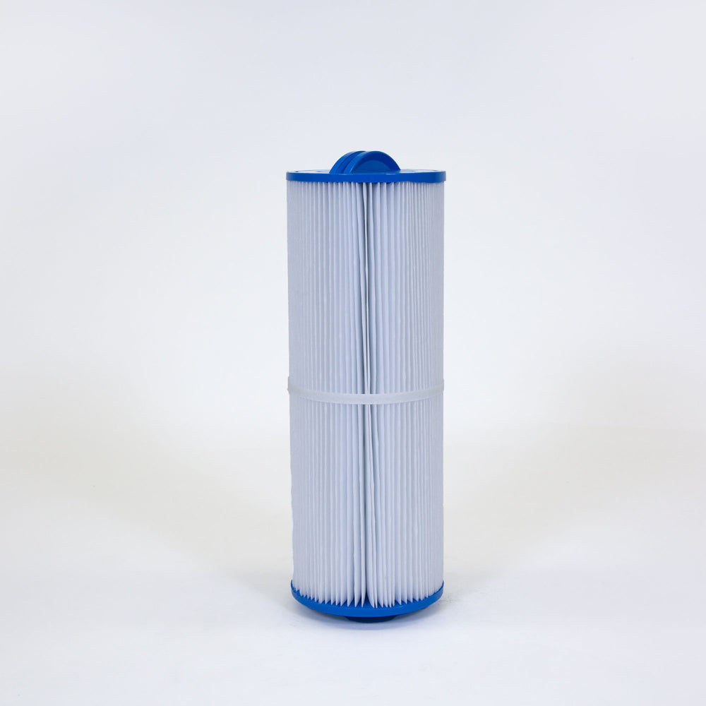 cylindrical pool filter cartridge with pleated white material and blue caps on top and bottom isolated on white background