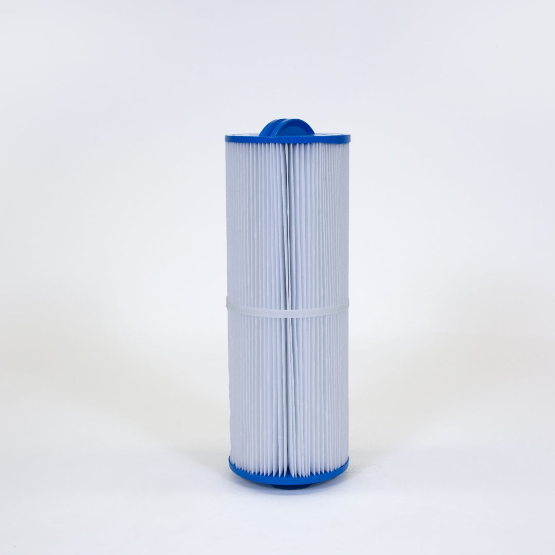 cylindrical pool filter cartridge with pleated white material and blue caps on top and bottom isolated on white background