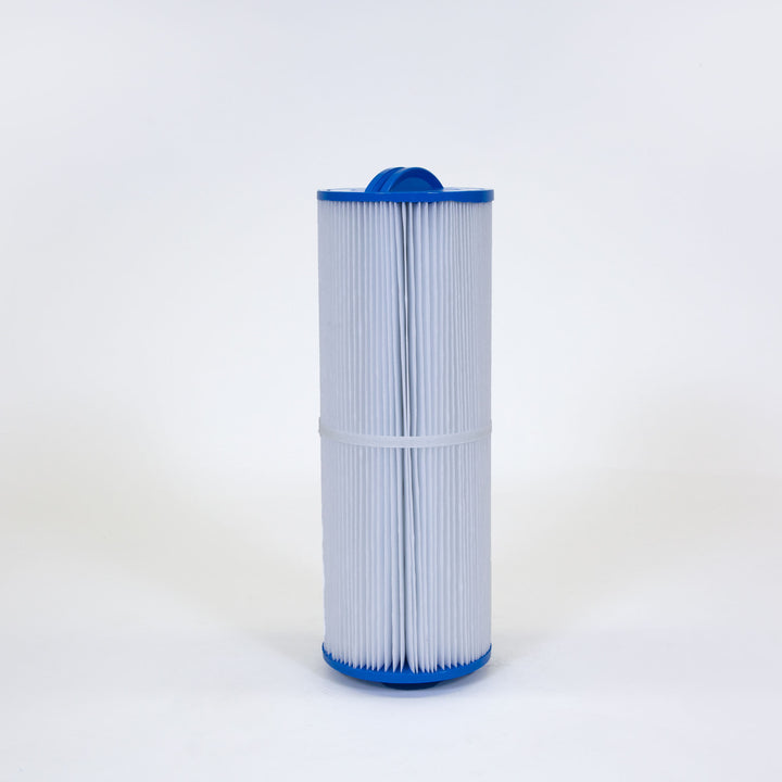 cylindrical pool filter cartridge with pleated white material and blue caps on top and bottom isolated on white background