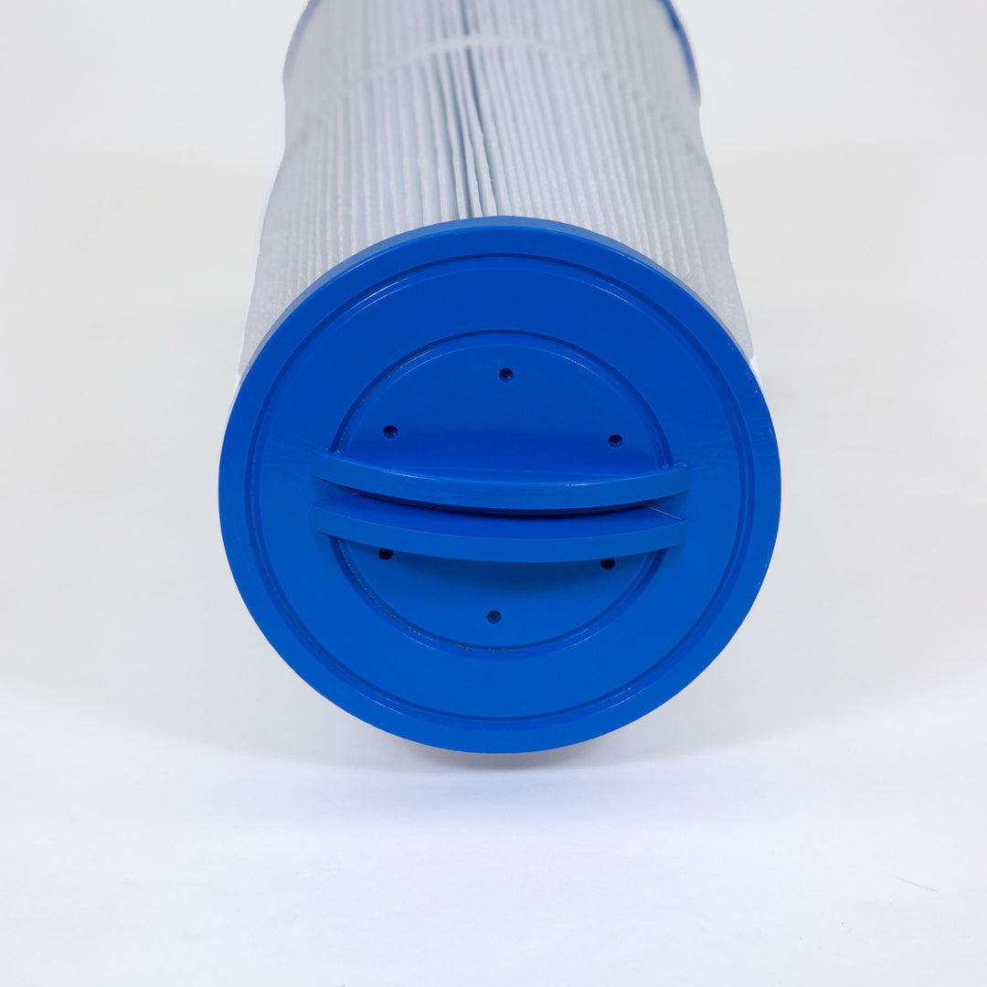 cylindrical pool filter cartridge with white pleated material and solid blue plastic end cap with holes and handle