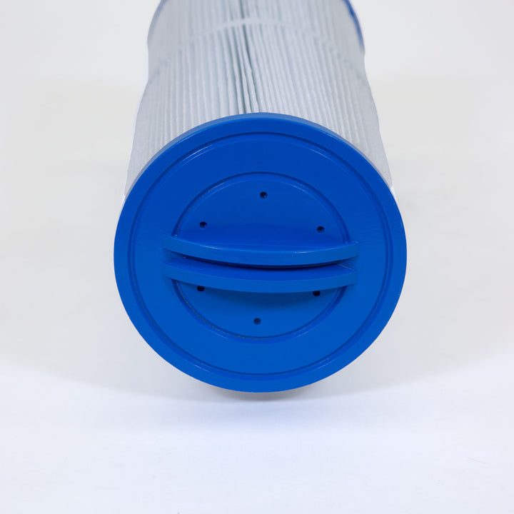 cylindrical pool filter cartridge with white pleated material and solid blue plastic end cap with holes and handle