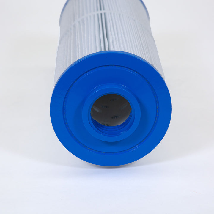 cylindrical pool filter cartridge with blue plastic top and white pleated filter material on a white background