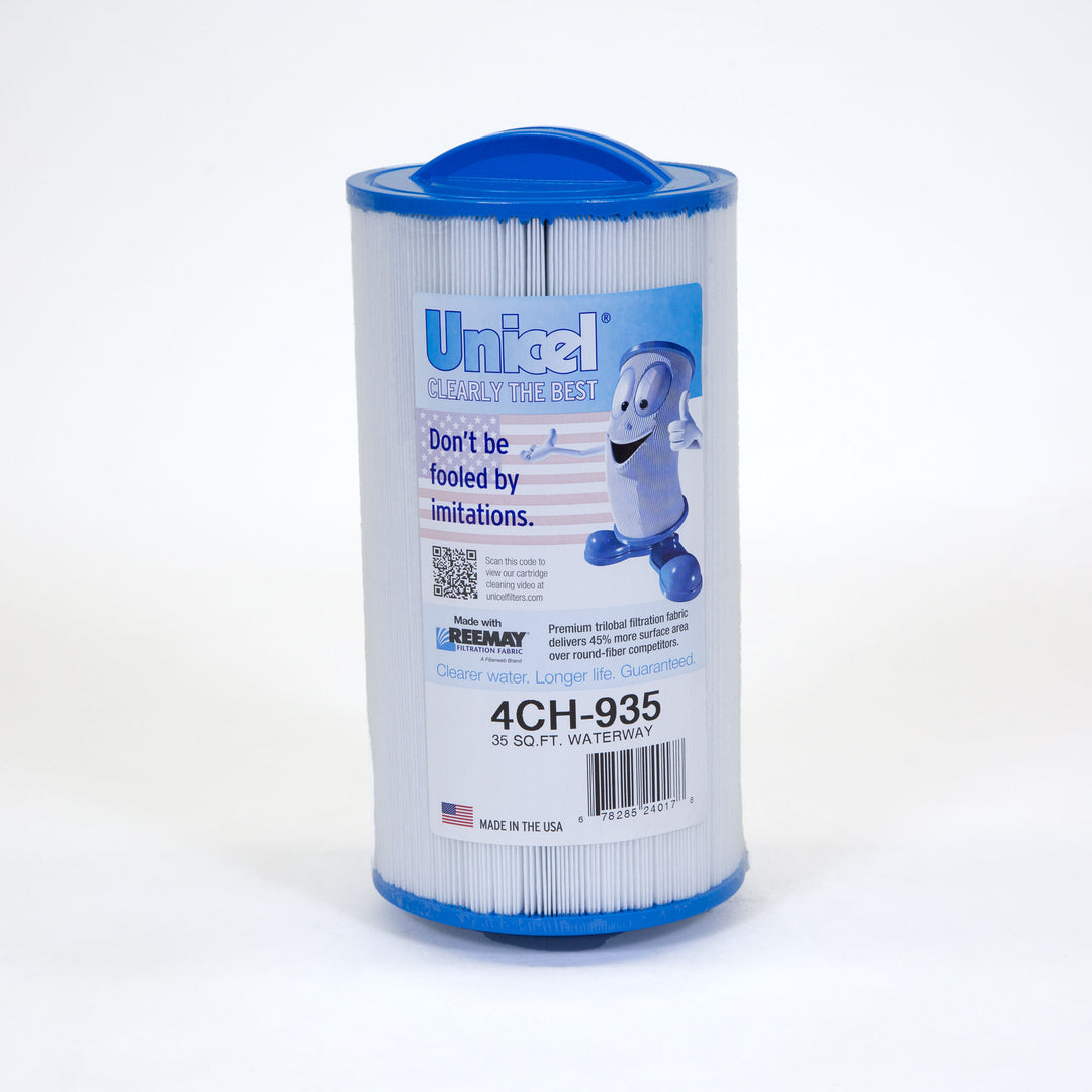 cylindrical pool filter cartridge with blue top and bottom edges and a label showing cartoon filter character