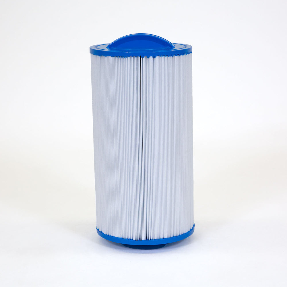 cylindrical water filter cartridge with pleated white material and blue plastic top and bottom caps standing on white background