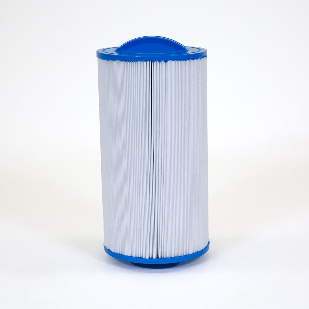 cylindrical water filter cartridge with pleated white material and blue plastic top and bottom caps standing on white background