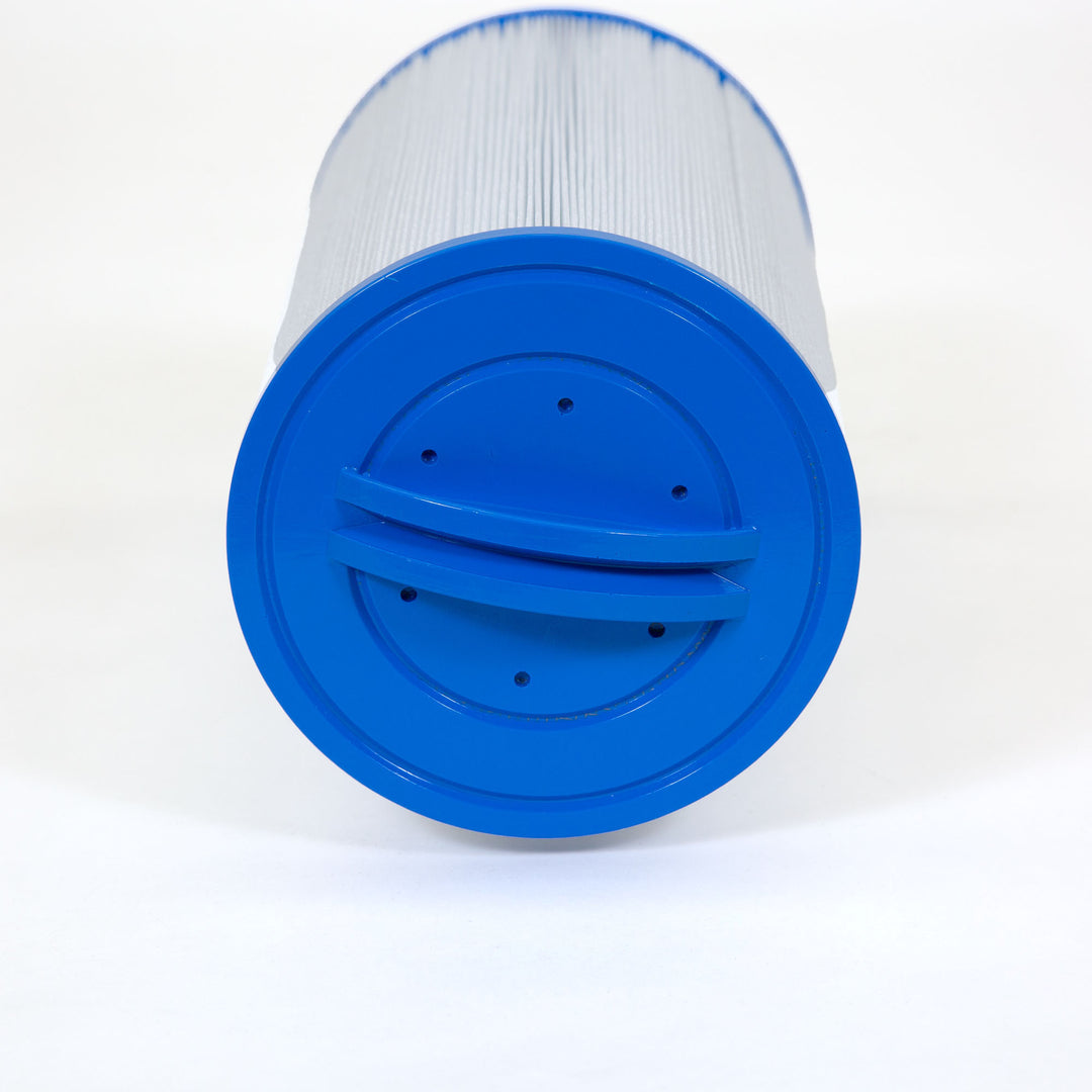 cylindrical replacement filter cartridge with pleated white material and a bright blue plastic end cap with two handles