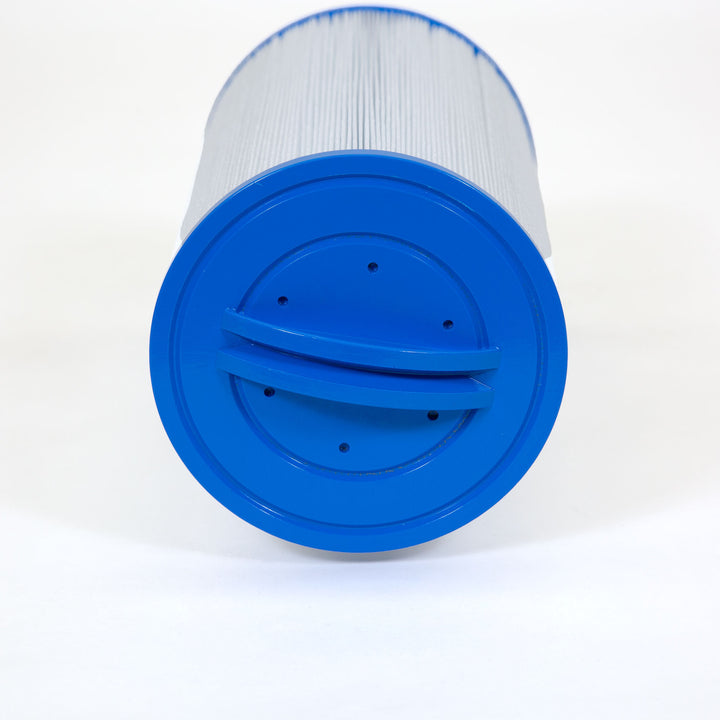 cylindrical replacement filter cartridge with pleated white material and a bright blue plastic end cap with two handles