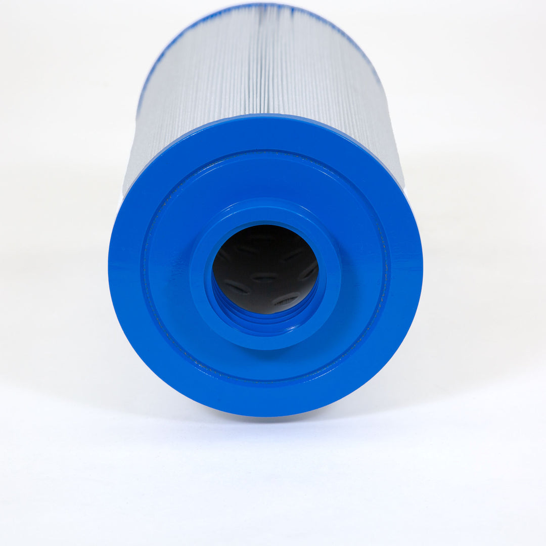 Cylindrical replacement filter cartridge with blue plastic ends and pleated white filter material in the middle