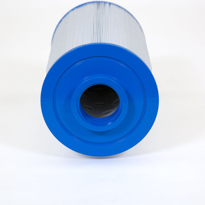 Cylindrical replacement filter cartridge with blue plastic ends and pleated white filter material in the middle