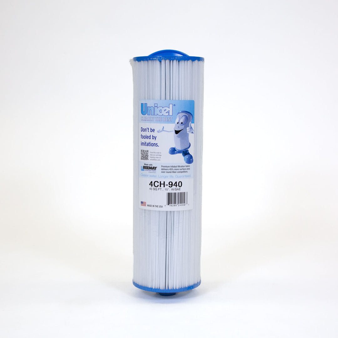 cylindrical pool filter cartridge with white pleated fabric and blue caps on both ends standing upright on a white background