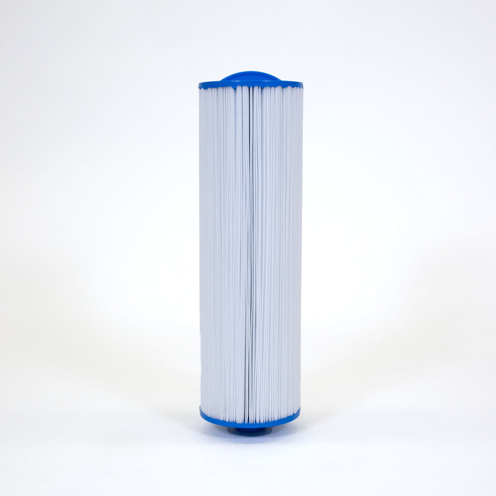 tall cylindrical white cartridge filter with pleated surface and blue end caps on a white background