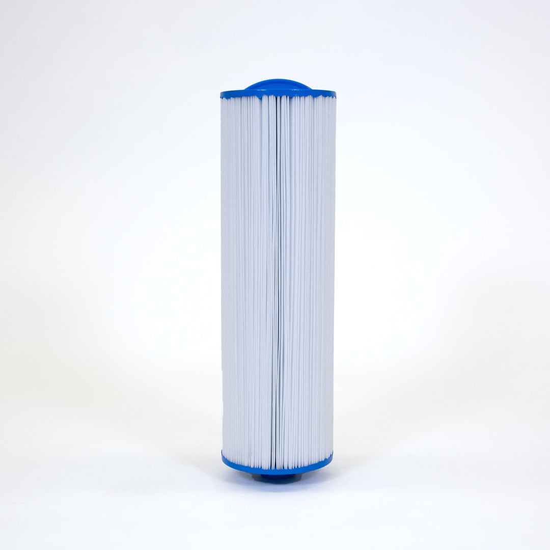 tall cylindrical white cartridge filter with pleated surface and blue end caps on a white background