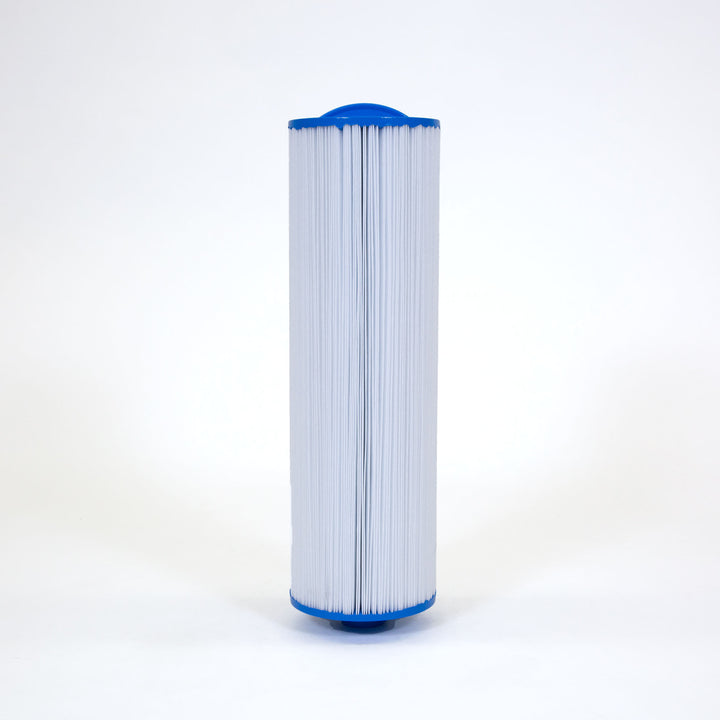 tall cylindrical white cartridge filter with pleated surface and blue end caps on a white background