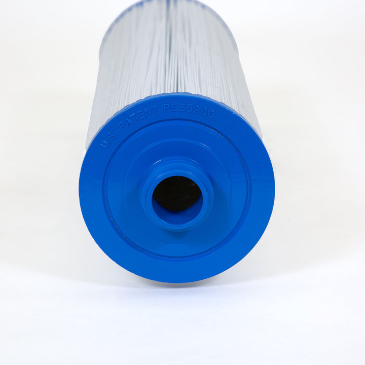 Cylindrical pool or spa filter cartridge with white pleated exterior and blue plastic end cap with central opening