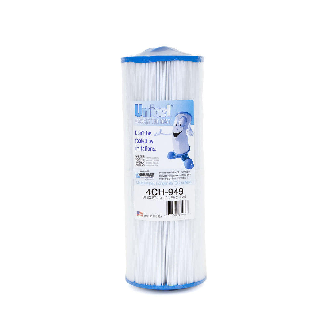 Tall cylindrical spa filter cartridge with white pleated fabric and blue end caps featuring an informational label