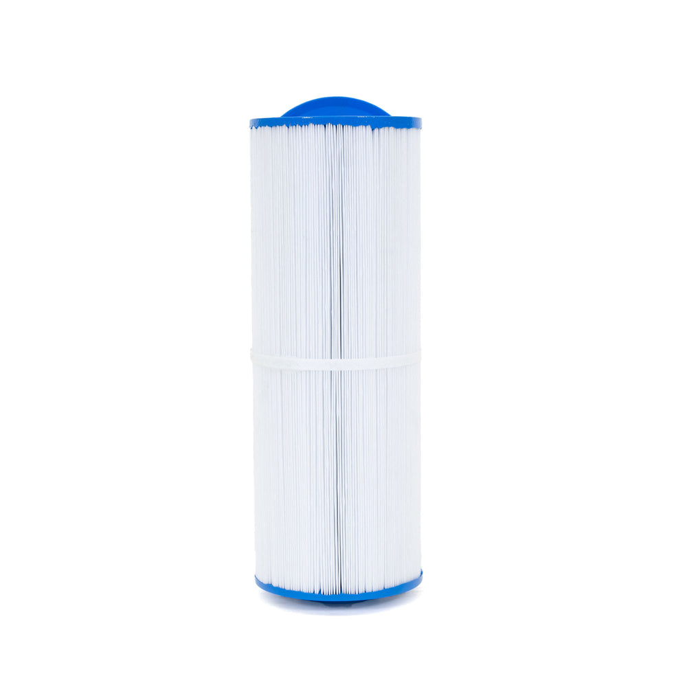 Cylindrical spa skimmer filter cartridge with pleated white filter material and blue end caps