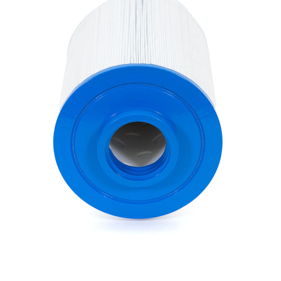 cylindrical white pool or spa filter cartridge with a blue plastic rim and a hollow center viewed from the end