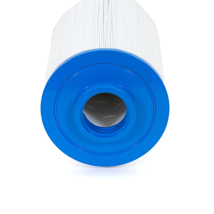 cylindrical white pool or spa filter cartridge with a blue plastic rim and a hollow center viewed from the end