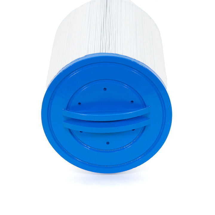 cylindrical white pool or spa replacement filter cartridge with blue plastic end cap featuring two horizontal handles