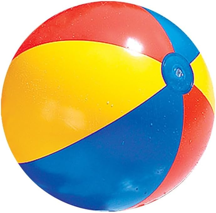 Swimline 24 inch 6 panel beach ball with alternating red, yellow, and blue glossy segments and visible valve