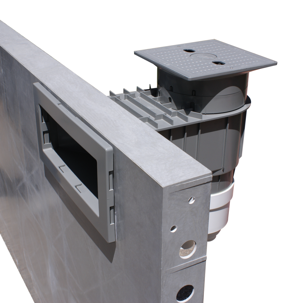 Waterway Renegade wide mouth vinyl liner skimmer installed in a wall section showing square gray lid and rectangular white skimmer mouth