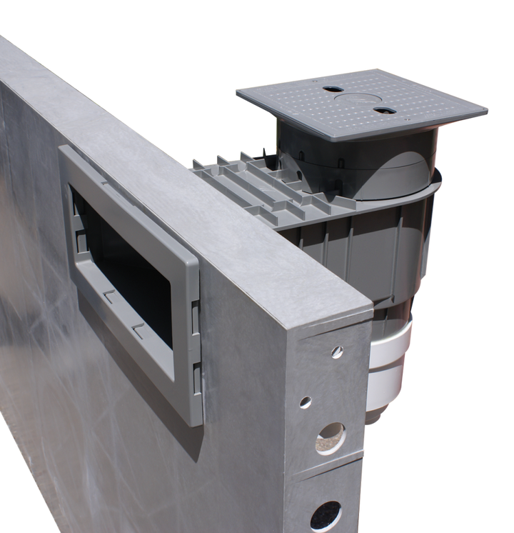 Waterway Renegade wide mouth vinyl liner skimmer installed in a wall section showing square gray lid and rectangular white skimmer mouth