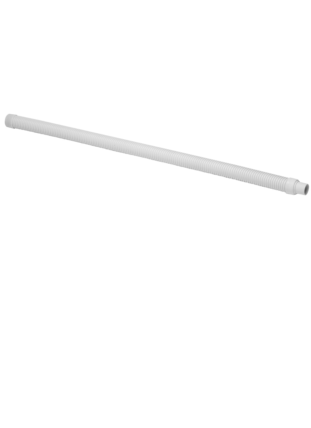 long white flexible corrugated cleaner hose with 1-1/2 inch connection on one end isolated on white background