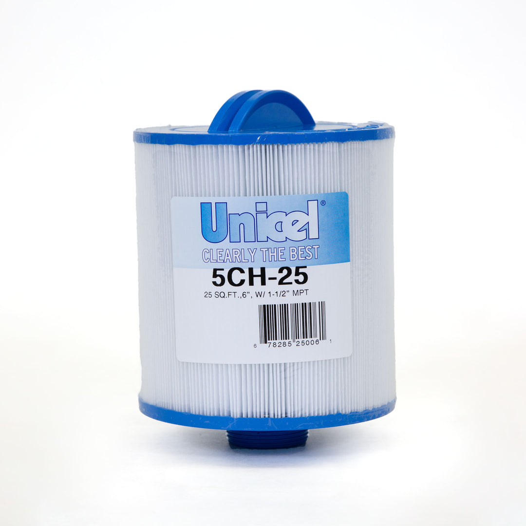 Cylindrical pool filter cartridge with white pleated filter material and blue plastic ends on a white background