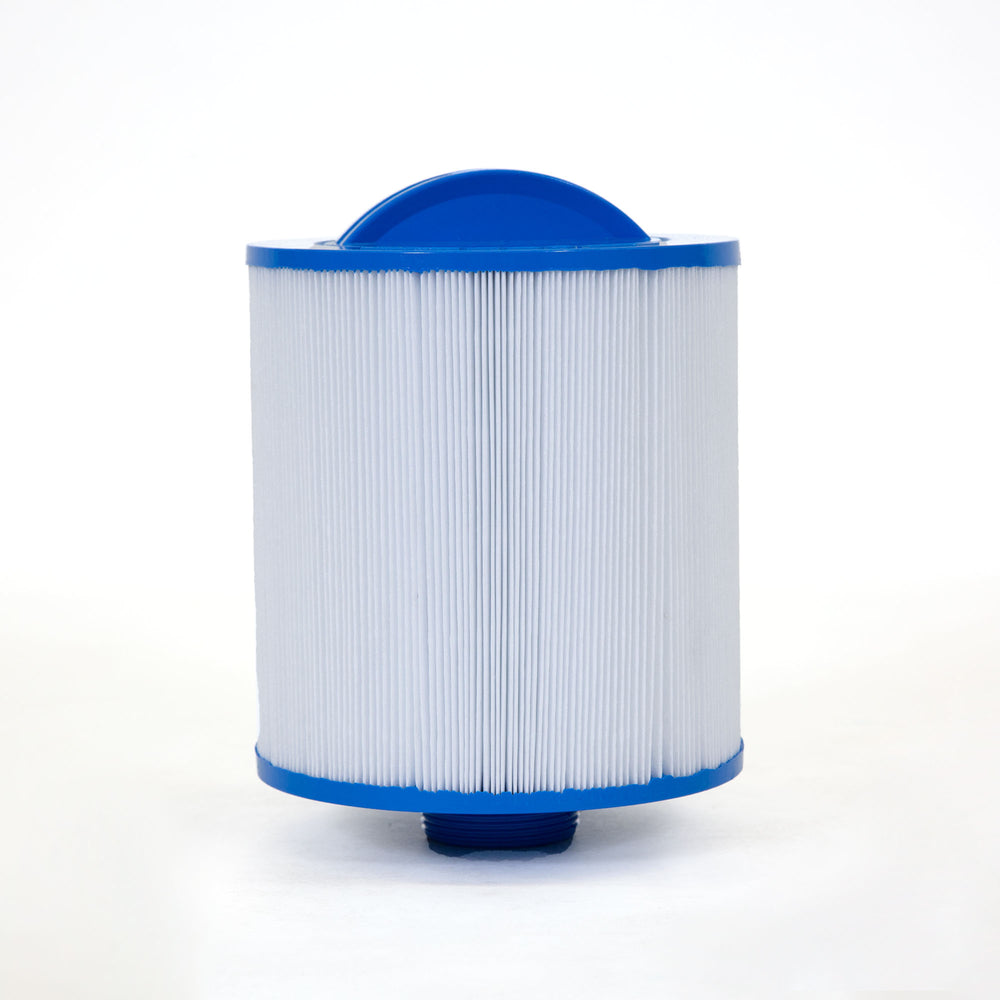 cylindrical white pleated pool filter cartridge with blue plastic caps on top and bottom
